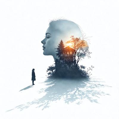 The primary subject of the image is a woman's face, which is the main focus of the image. The setting is a forest, with trees visible in the background. The visual style is a combination of photo and digital art, creating a unique and artistic representation of the woman's face. The colors and mood of the image are predominantly blue and serene, with the sun shining through the trees, creating a peaceful and calming atmosphere.